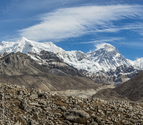 View of Mount Everest (8848 m) from the fifth lake Gokyo, Nepal, Himalayas photo