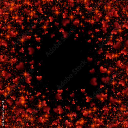 Happy Valentines Day Card with Gold Glittering Star Dust Heart  Red Golden Sparkles on Black Background. Shiny Explosion. Shimmer sparkle Frame Border Confetti Greeting. Vector Illustration