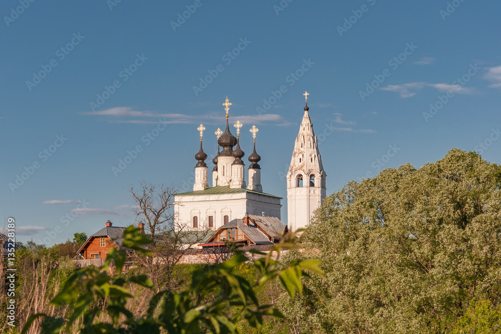 Panorama of the orthodox church and belfry in Suzdal.