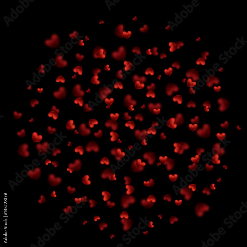 Sparkle Bright red Heart. Light card for Greeting Valentine's Day. Shiny Explosion. Shimmer Frame Border Confetti. Vector Illustration on Black Background