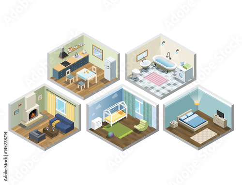 Vector isometric sat of home or flat furniture, Different kind of rooms