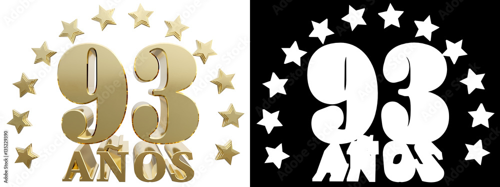 Golden digit ninety three and the word of the year, decorated with stars. Translated from the Spanish. 3D illustration