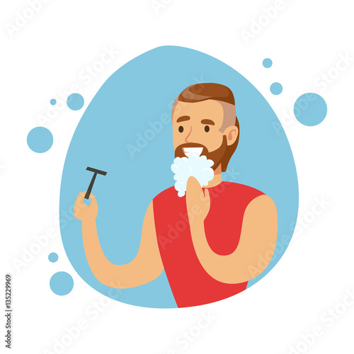 Man Shaving Beard, Part Of People In The Bathroom Doing Their Routine Hygiene Procedures Series