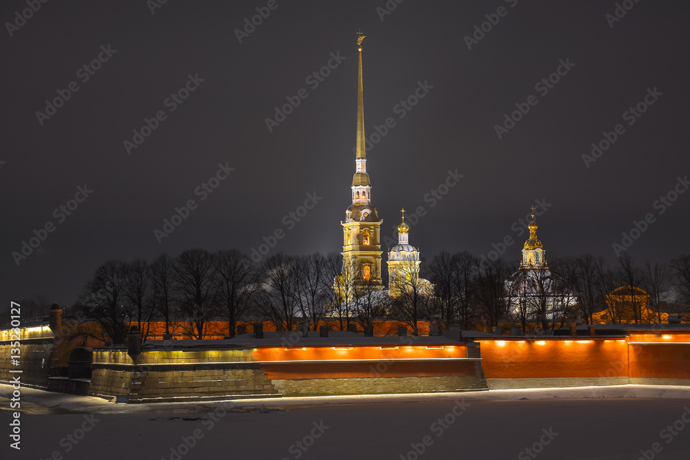 Night view of Peter and Paul Cathedral and walls of the fortress