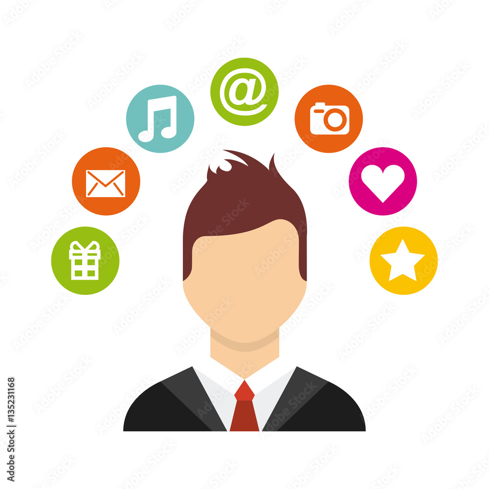 man cartoon with social media icons around over white background. colorful design. vector illustration
