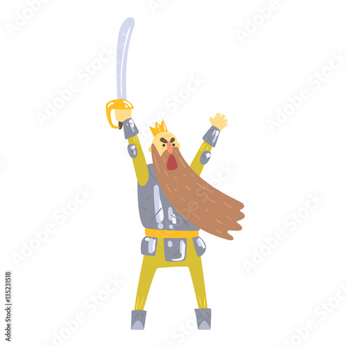 Warrior King With Sword And Armor With Long Beard Shouting On Battlefield Fairy-Tale Cartoon Childish Character