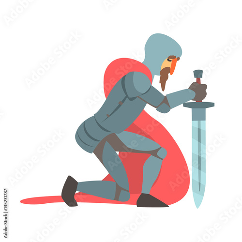 Knight With Red Cape And Sword Kneeling Fairy Tale Cartoon Childish Character