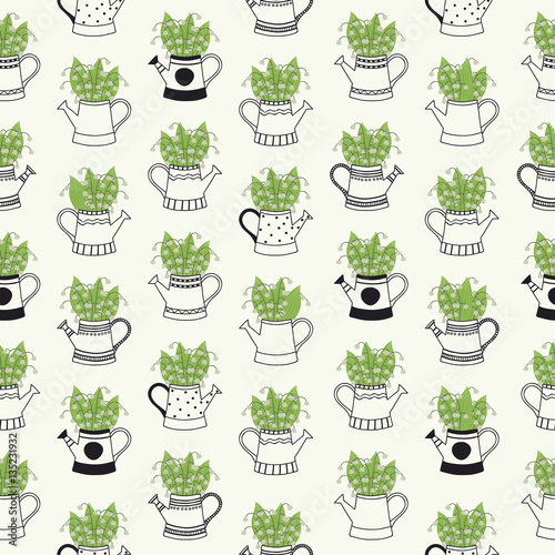 Hand Drawn Seamless Pattern with Black and White Watering Cans and Green Flowers.