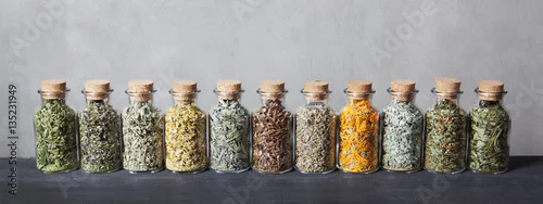 Panel kuchenny z motywem Different kinds of herbs for tea inside glass bottles.
