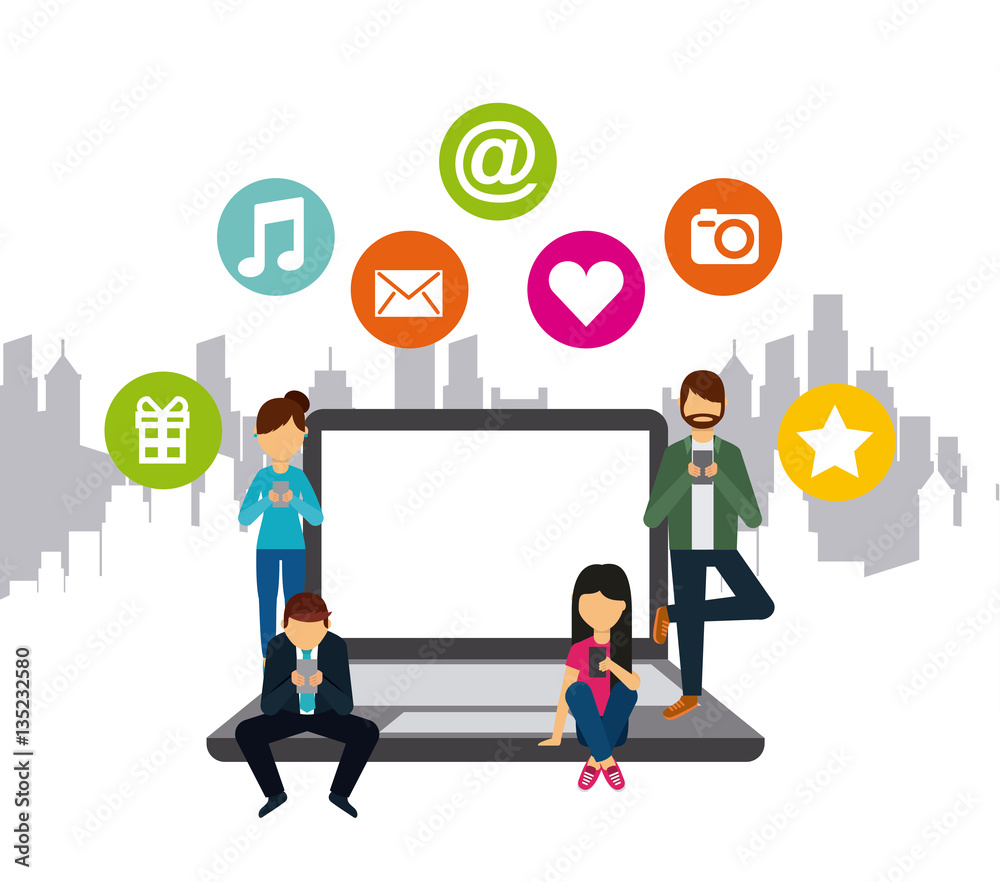 laptop computer with people and social media icons around over white background. colorful design. vector illustration laptop computer with people and social media icons around over white background. colorful design. vector illustration