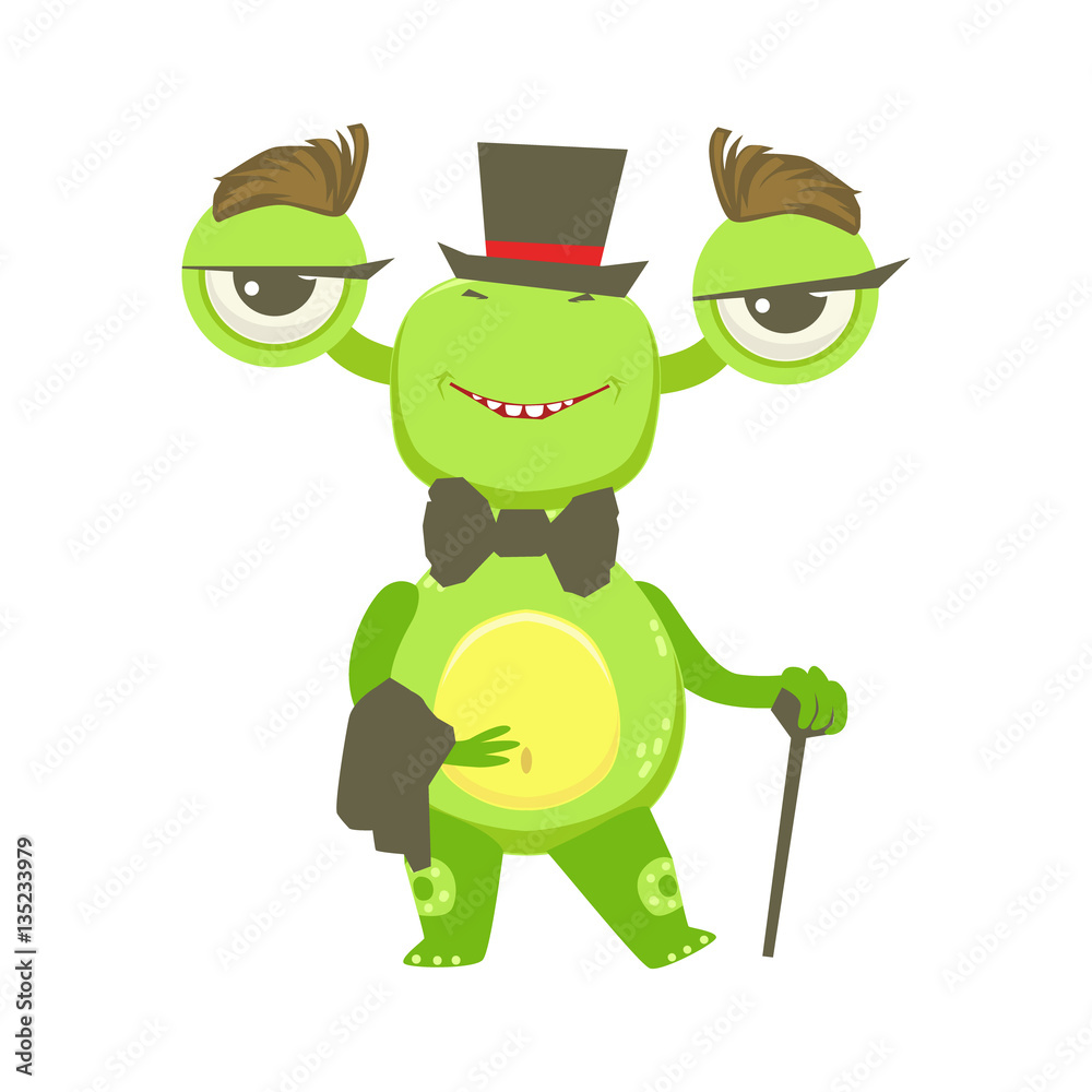 Gentleman Funny Monster With Top Hat And Bow Tie, Green Alien Emoji Cartoon Character Sticker Gentleman Funny Monster With Top Hat And Bow Tie, Green Alien Emoji Cartoon Character Sticker
