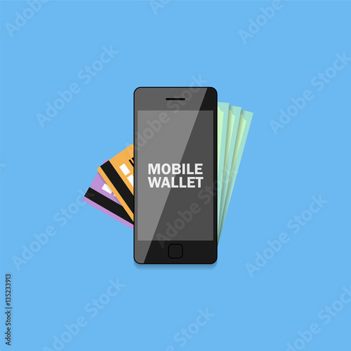 Digital mobile wallet. Flat design style. Mobile banking concept