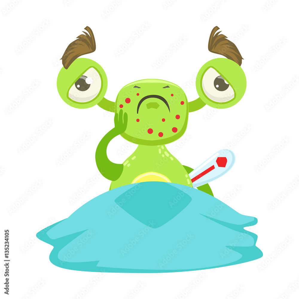 Sick Funny Monster With Fever In Bed, Green Alien Emoji Cartoon Character Sticker Sick Funny Monster With Fever In Bed, Green Alien Emoji Cartoon Character Sticker