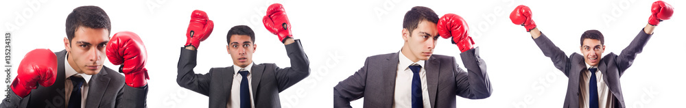 Young businessman with box gloves isolated on white Young businessman with box gloves isolated on white