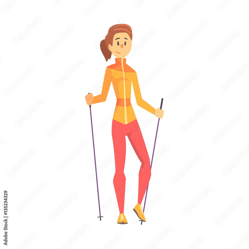 Blond Girl With Ponytail Doing Nordic Walk Outdoors Illustration
