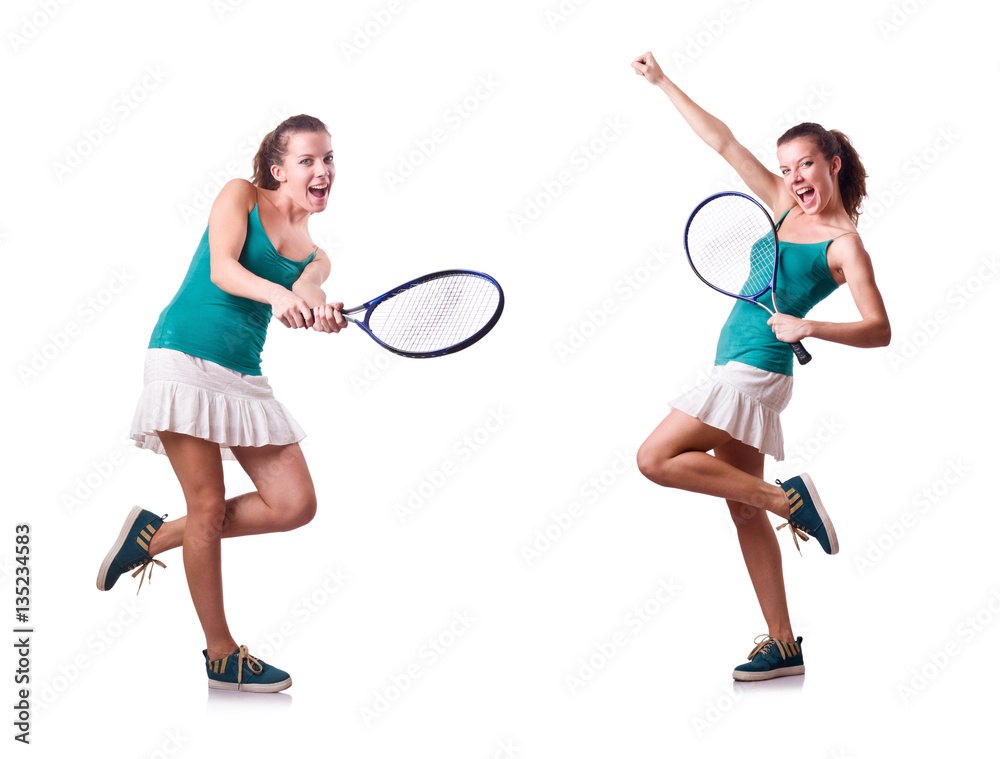 Woman tennis player isolated on white