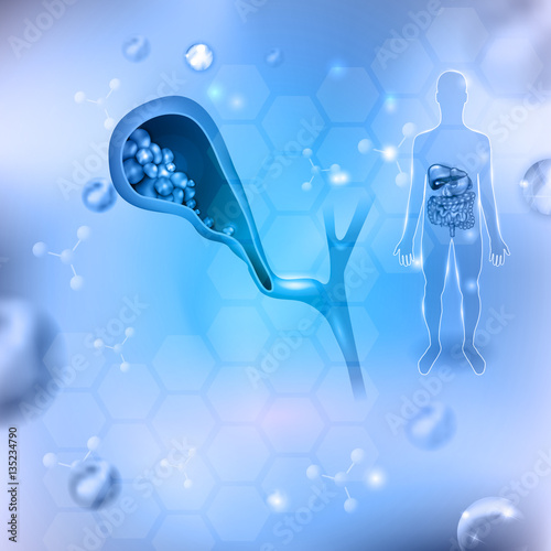 Gallstones abstract blue background and human silhouette internal organs anatomy 