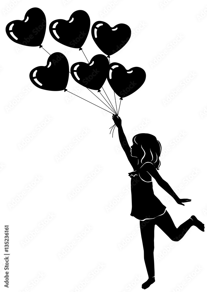 Silhouette beautiful little girl with heart balloons Stock Vector | Adobe  Stock