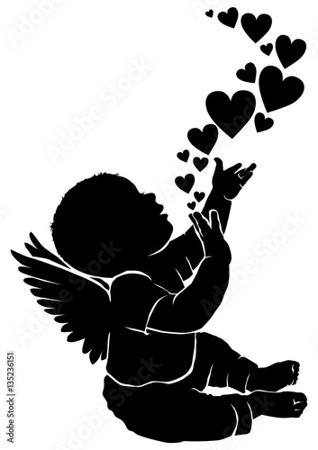 Silhouette baby angel with heart