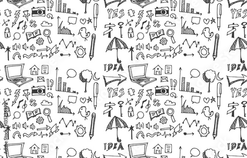 Hand drawn seamless doodle pattern with business symbols