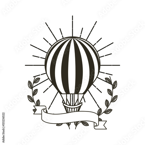 air ballon icon with decorative wreath of leaves and ribbon over white background. vector illustration
