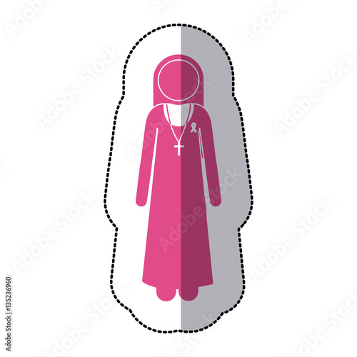 sticker silhouette pink nun with ribbon of breast cancer . Vector illustration