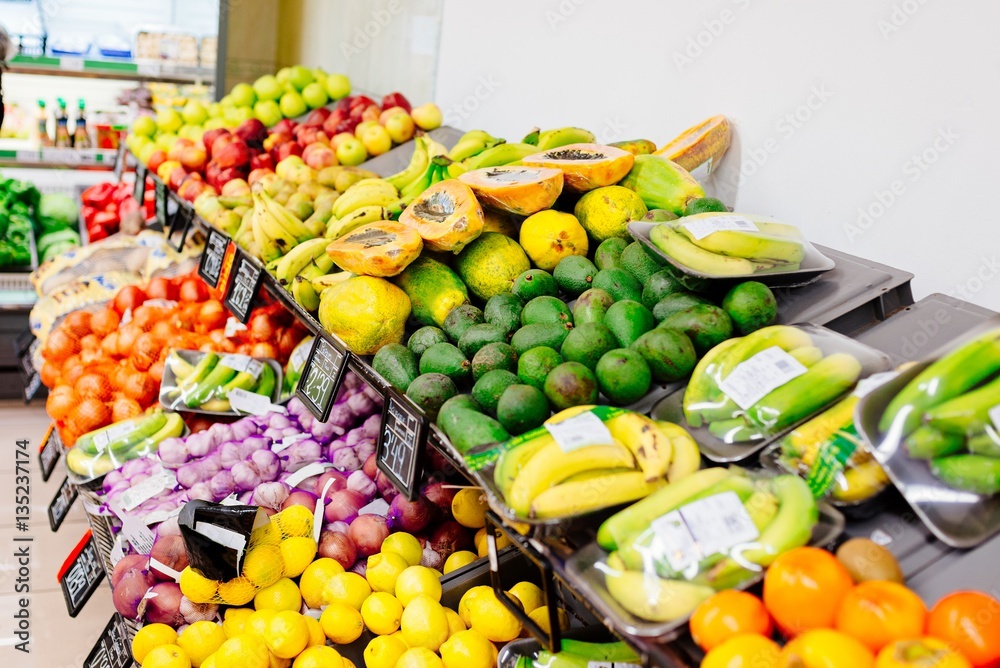 Fresh fruits and vegetables in supermarket store