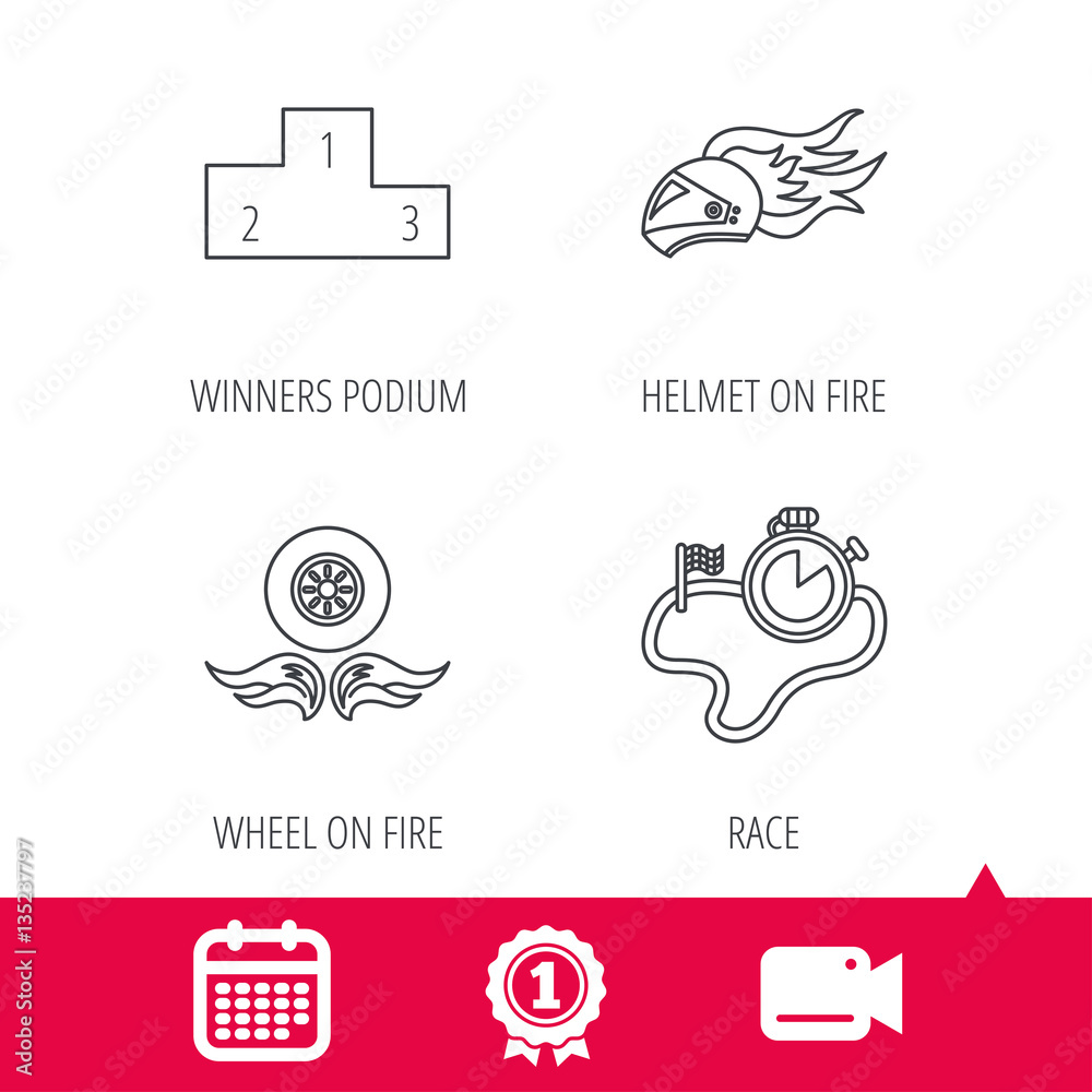 Achievement and video cam signs. Winner podium, race timer and wheel on fire icons. Motorcycle helmet on fire linear sign. Calendar icon. Vector Achievement and video cam signs. Winner podium, race timer and wheel on fire icons. Motorcycle helmet on fire linear sign. Calendar icon. Vector