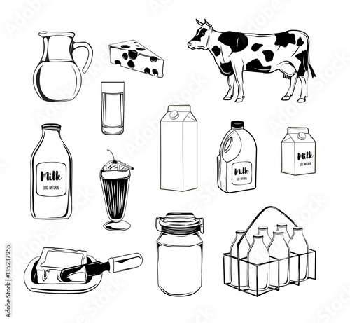 Vector hand drawn Illustration with milk products. Sketch. Vintage style.