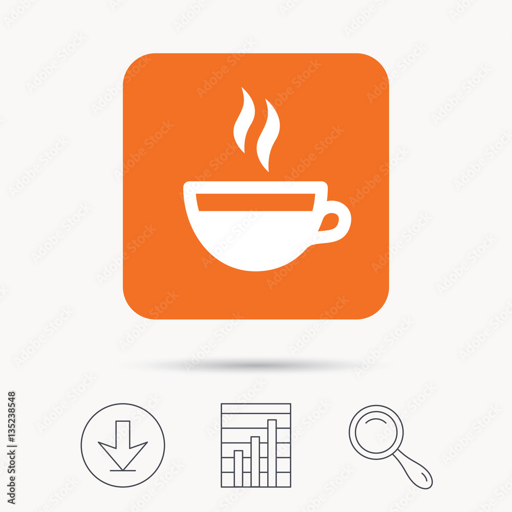 Coffee cup icon. Hot tea drink symbol. Report chart, download and magnifier search signs. Orange square button with web icon. Vector Coffee cup icon. Hot tea drink symbol. Report chart, download and magnifier search signs. Orange square button with web icon. Vector