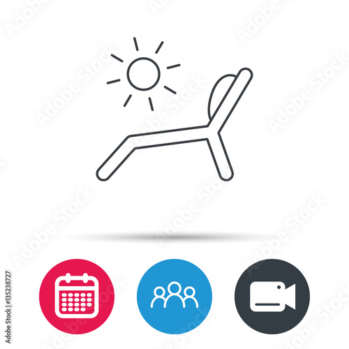 Deck chair icon. Beach chaise longue sign. Group of people, video cam and calendar icons. Vector