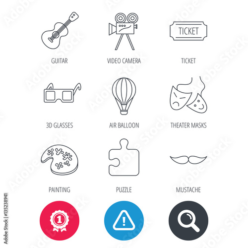 Achievement and search magnifier signs. Puzzle  guitar music and theater masks icons. Ticket  video camera and 3d glasses linear signs. Entertainment  painting and mustache icons. Vector