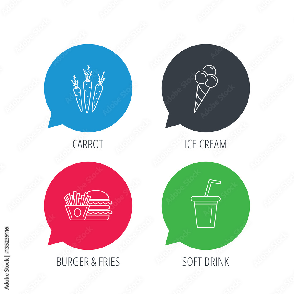 Colored speech bubbles. Hamburger, carrot and soft drink icons. Ice cream linear sign. Flat web buttons with linear icons. Vector Colored speech bubbles. Hamburger, carrot and soft drink icons. Ice cream linear sign. Flat web buttons with linear icons. Vector