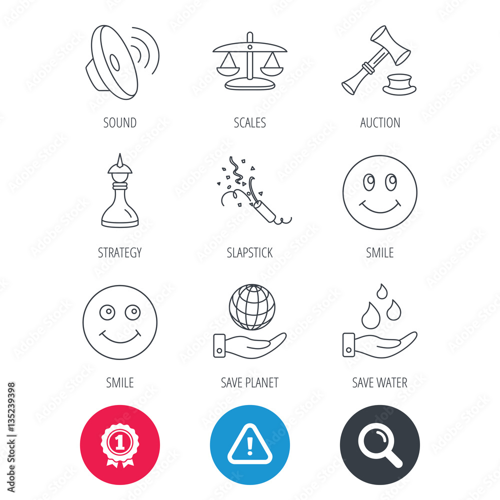 Achievement and search magnifier signs. Scales of justice, auction hammer and strategy icons. Save planet and water linear signs. Smile, slapstick icons. Hazard attention icon. Vector