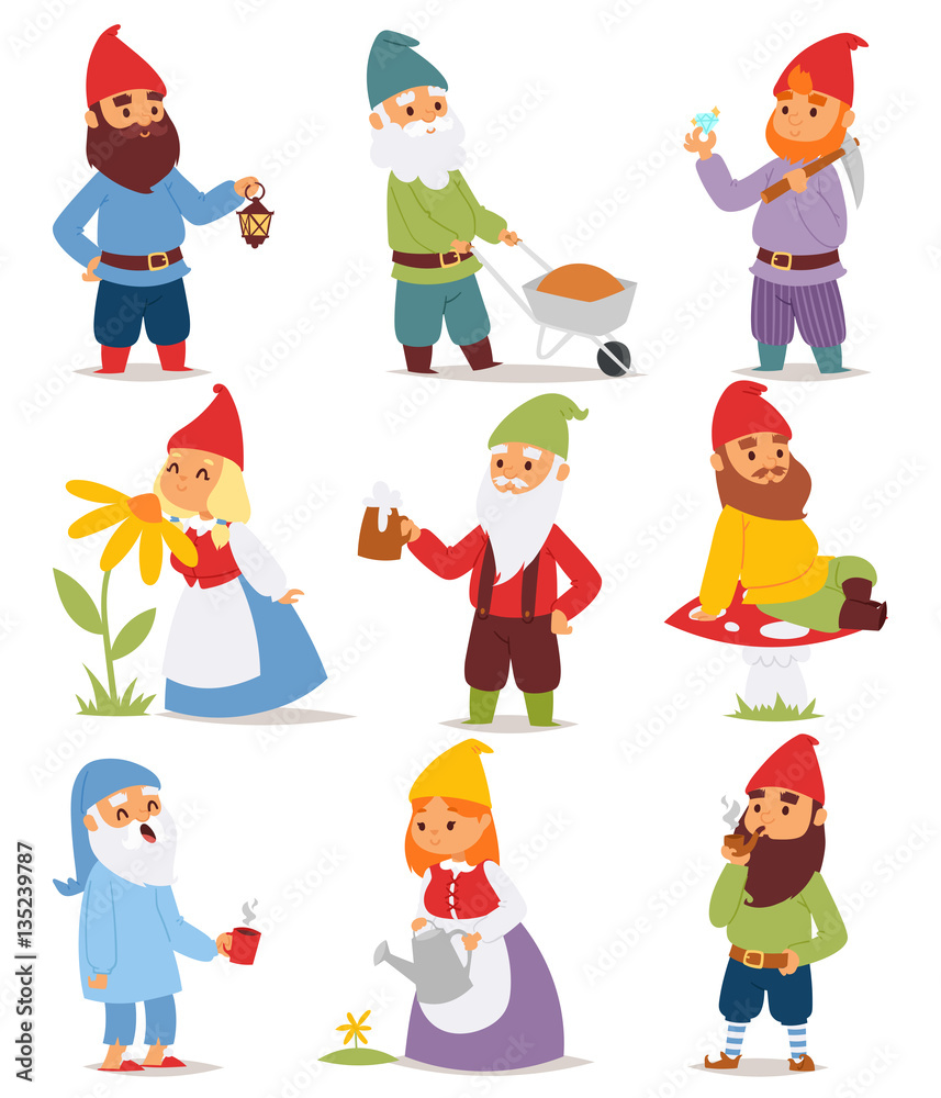 Cartoon gnome characters vector illustration.