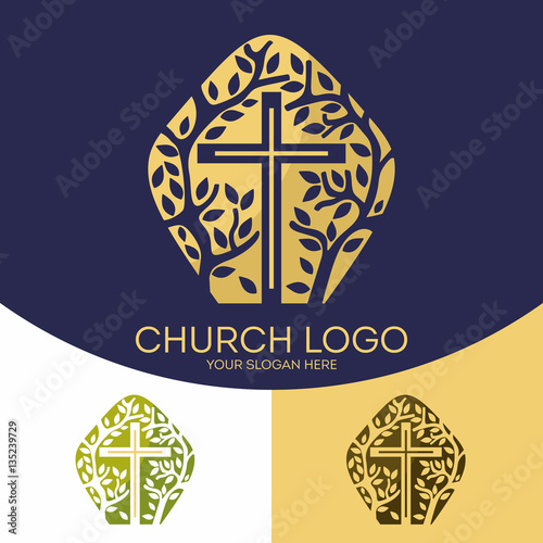 Church logo. Christian symbols. The cross of Jesus Christ and the elements of the tree