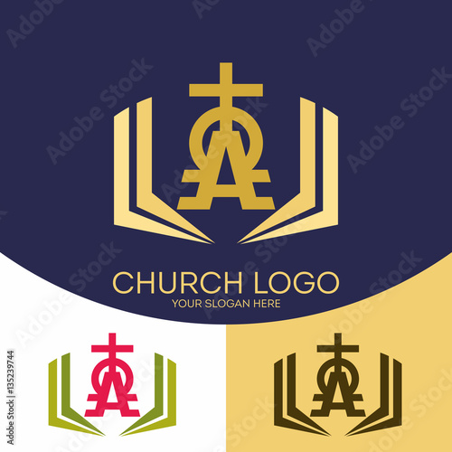 Church logo. Christian symbols. The cross of Jesus Christ, the Holy Bible and the alpha and omega