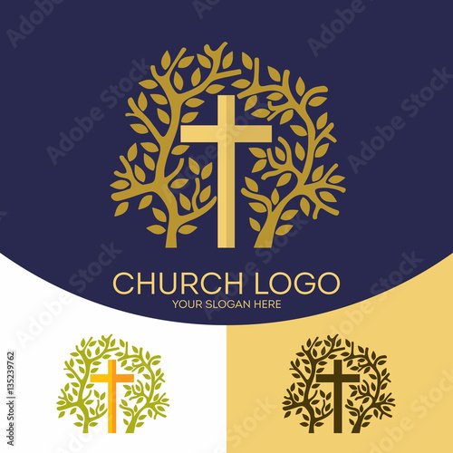 Church logo. Christian symbols. The cross of Jesus Christ and the elements of the tree
