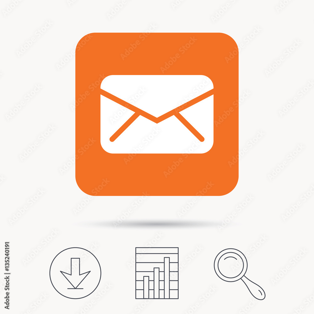 Envelope icon. Send email message sign. Internet mailing symbol. Report chart, download and magnifier search signs. Orange square button with web icon. Vector Envelope icon. Send email message sign. Internet mailing symbol. Report chart, download and magnifier search signs. Orange square button with web icon. Vector