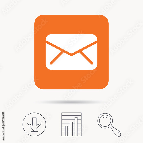 Envelope icon. Send email message sign. Internet mailing symbol. Report chart, download and magnifier search signs. Orange square button with web icon. Vector