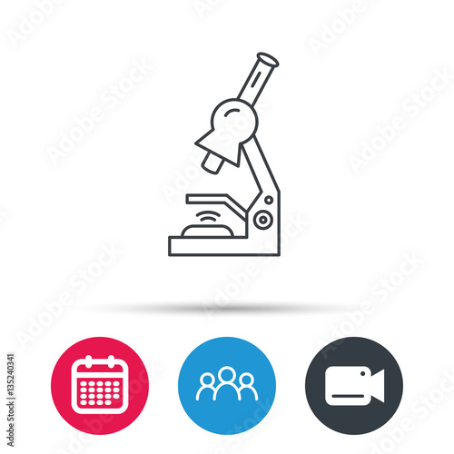 Microscope icon. Medical laboratory equipment sign. Pathology or scientific symbol. Group of people, video cam and calendar icons. Vector