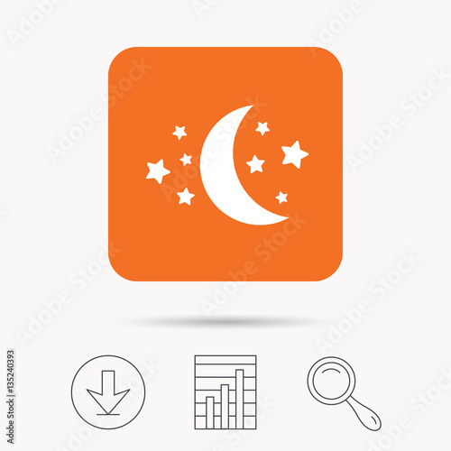 Moon and stars icon. Night sleep symbol. Report chart, download and magnifier search signs. Orange square button with web icon. Vector
