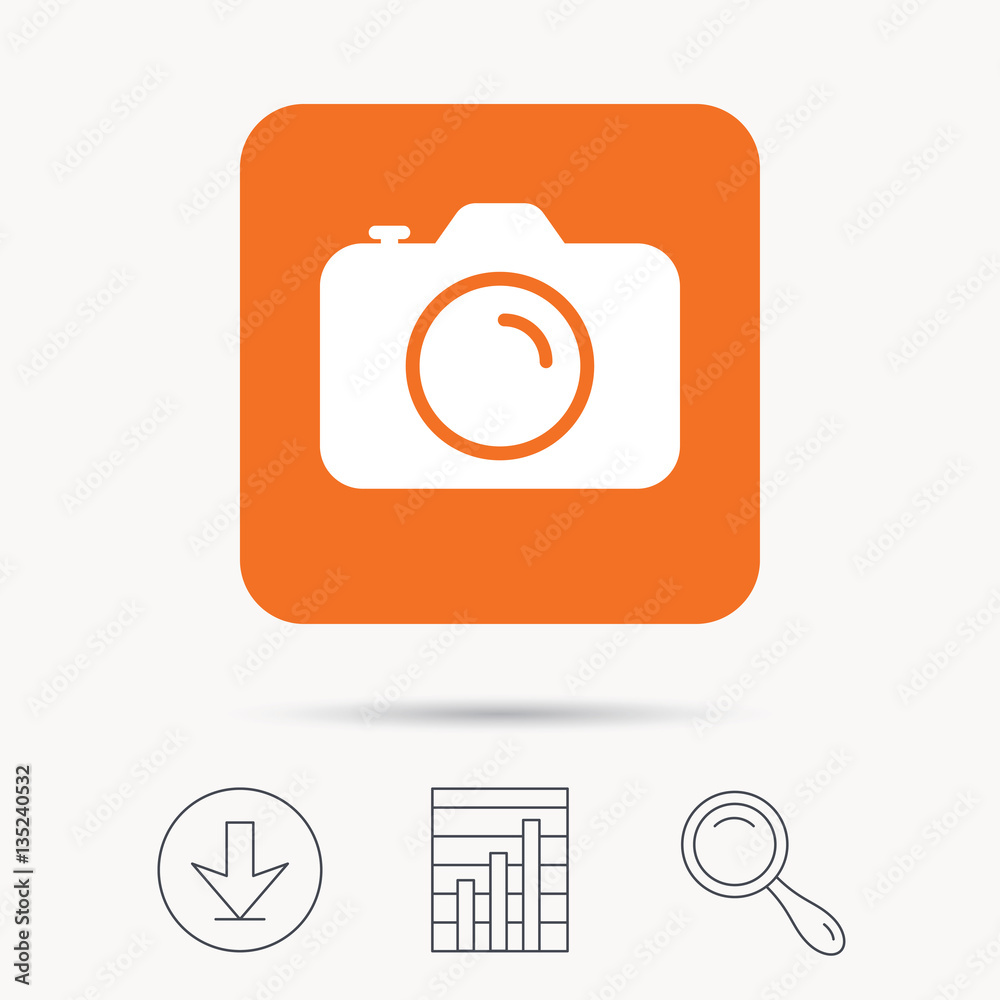 Camera icon. Professional photocamera symbol. Report chart, download and magnifier search signs. Orange square button with web icon. Vector Camera icon. Professional photocamera symbol. Report chart, download and magnifier search signs. Orange square button with web icon. Vector
