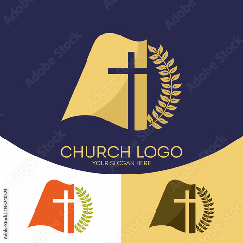 Church logo. Christian symbols. The cross of Jesus Christ and the Holy Scriptures.