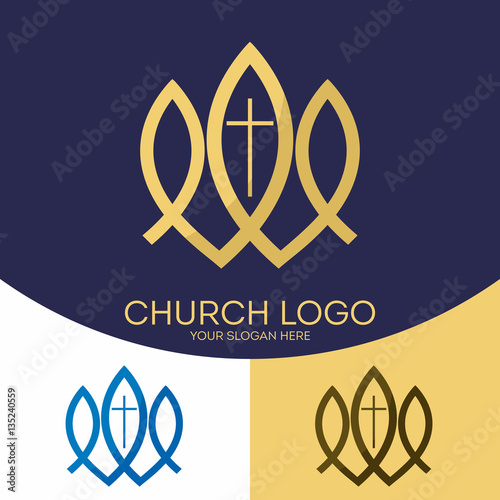 Church logo. Christian symbols. The cross of Jesus Christ and the fish - Christian signs