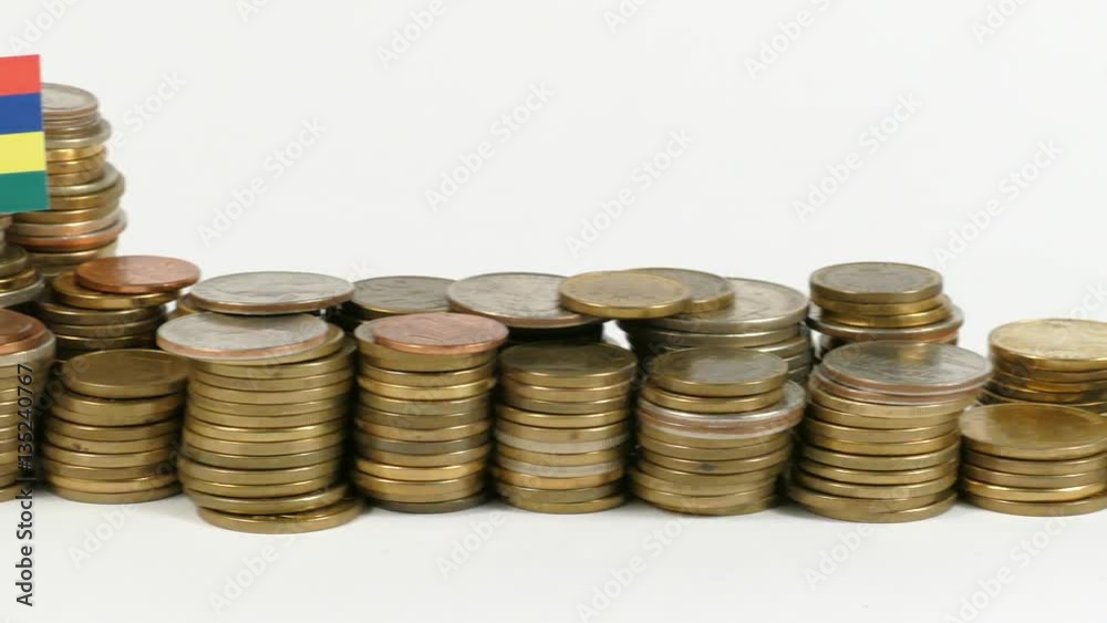 Mauritius flag waving with stack of money coins Mauritius flag waving with stack of money coins