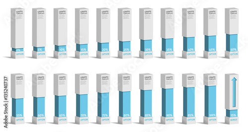 Set of blue percentage charts for infographics, 0 5 10 15 20 25 30 35 40 45 50 55 60 65 70 75 80 85 90 95 100 percent. Vector illustration.