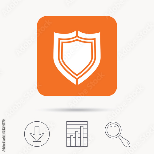 Free Download Shield protection icon. Defense equipment symbol. Report chart, download and magnifier search signs. Orange square button with web icon. Vector - GFXLoad