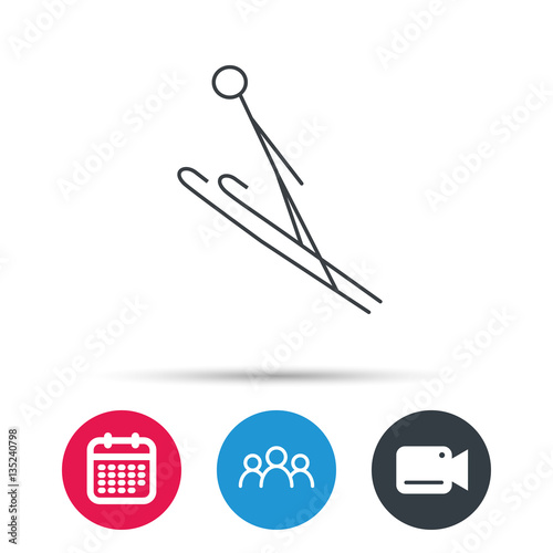 Ski jumping icon. Skis extreme sport sign. Professional competition symbol. Group of people, video cam and calendar icons. Vector