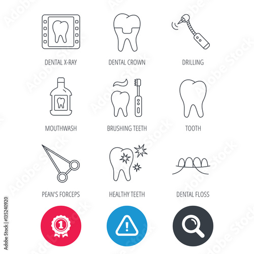 Achievement and search magnifier signs. Stomatology, tooth and dental crown icons. X-ray, mouthwash and dental floss linear signs. Toothache, forceps icons. Hazard attention icon. Vector